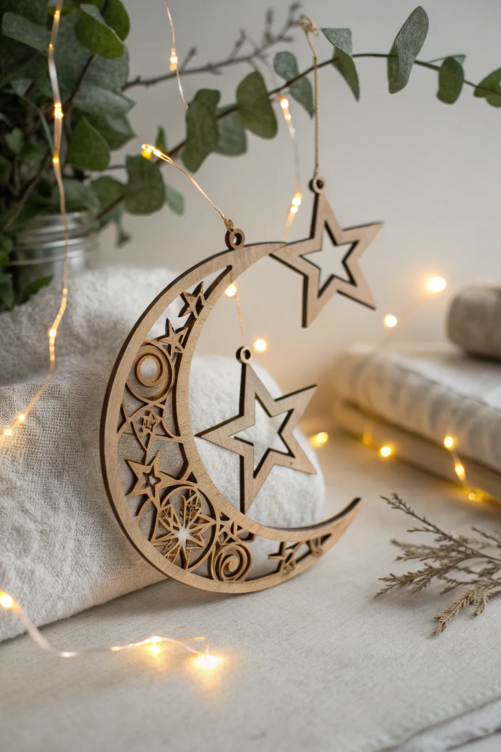 Bring a touch of the starry night sky indoors with this enchanting laser-cut moon and stars ornament.