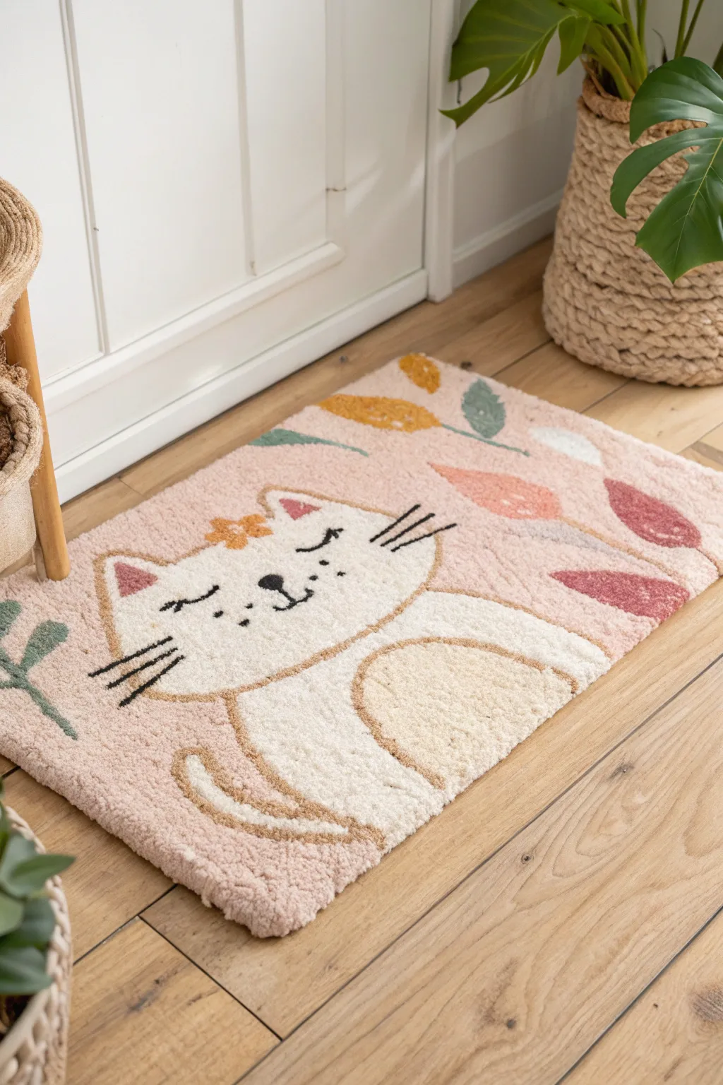 Bring joy to your space with this charming cat motif latch hook rug, a perfect blend of playful design and minimalist elegance.