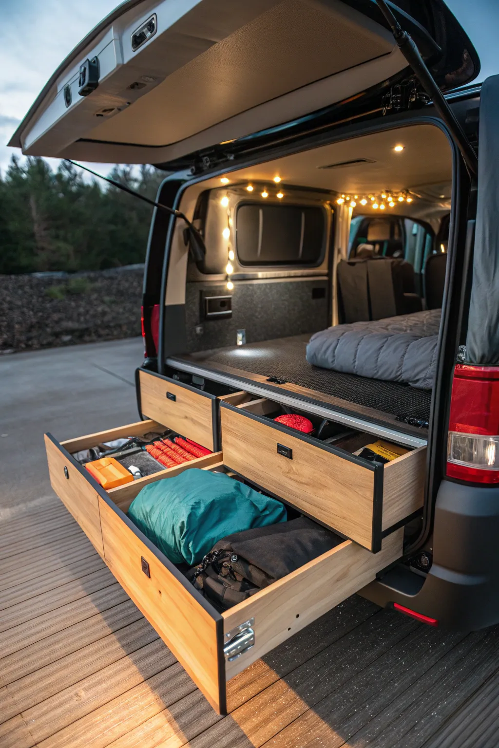Master the art of organization with under-bed storage in your minivan camper. Keep your gear neatly tucked away yet easily accessible.