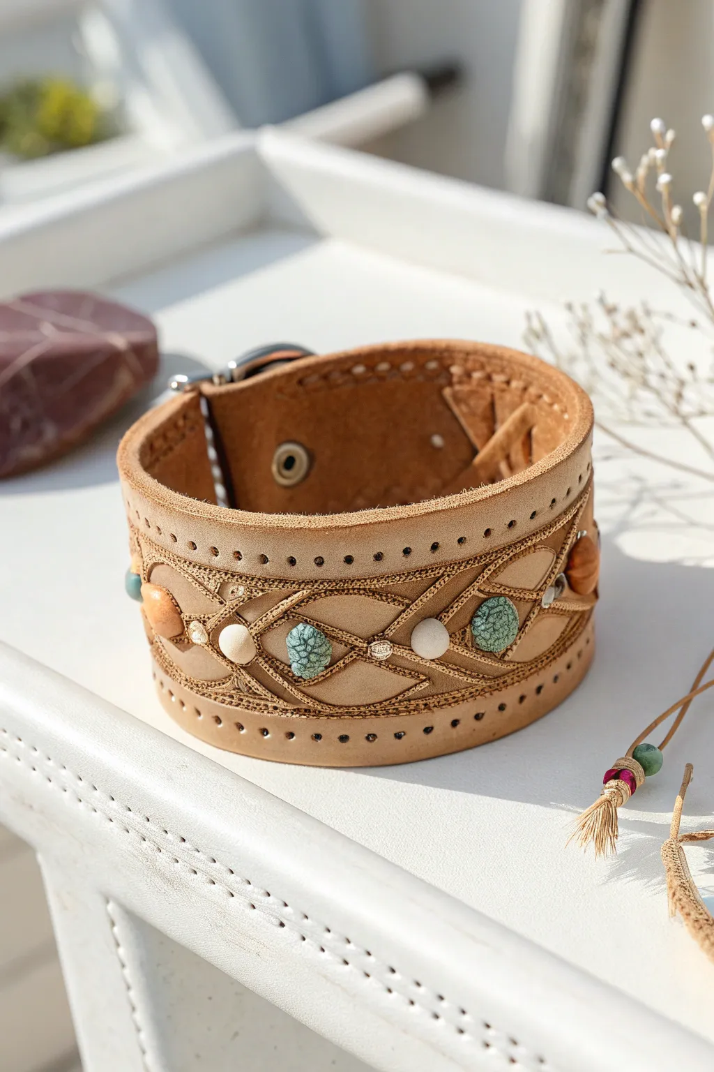 Elevate your style with this exquisite leather cuff—where Scandinavian minimalism meets bohemian flair.