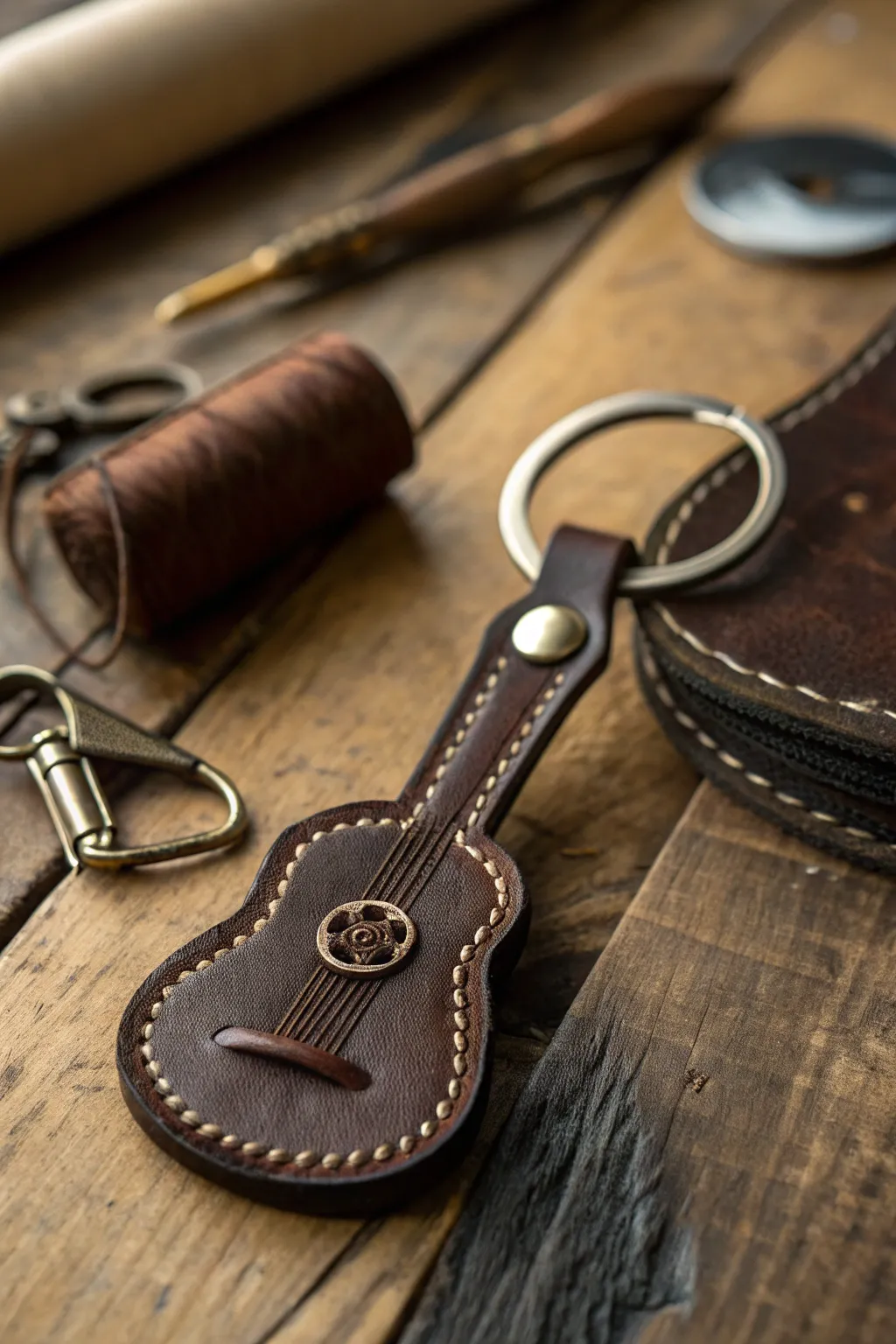 Crafted with passion: A guitar-shaped leather keychain for the music aficionado.