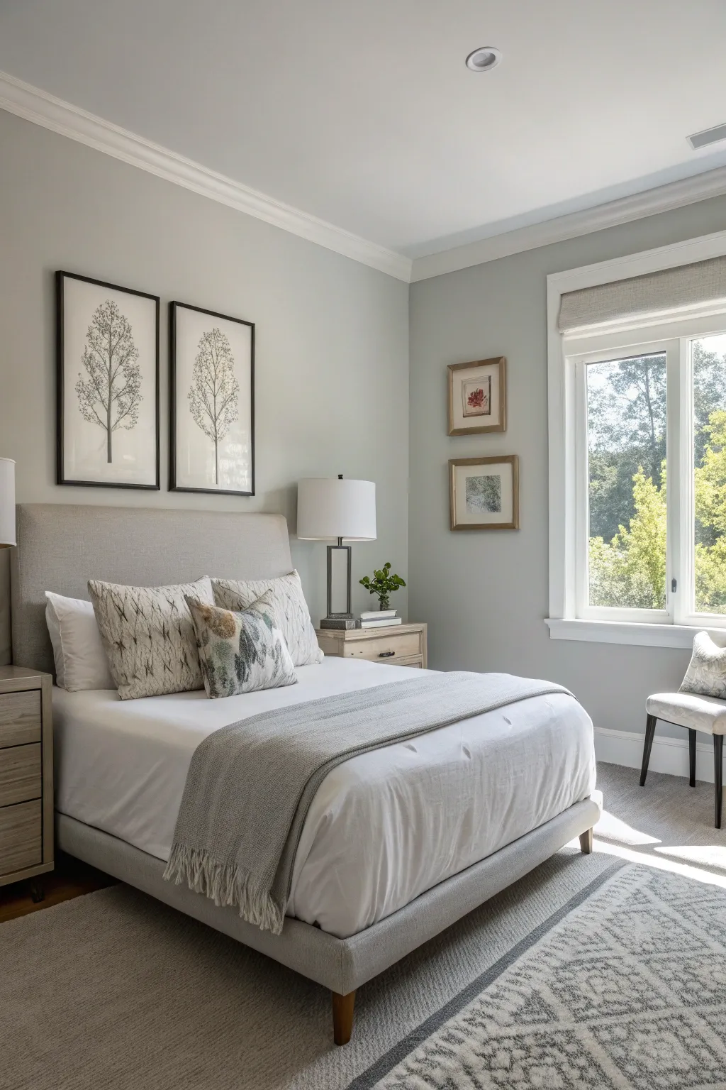 A sophisticated bedroom with pale gray walls and modern furnishings.