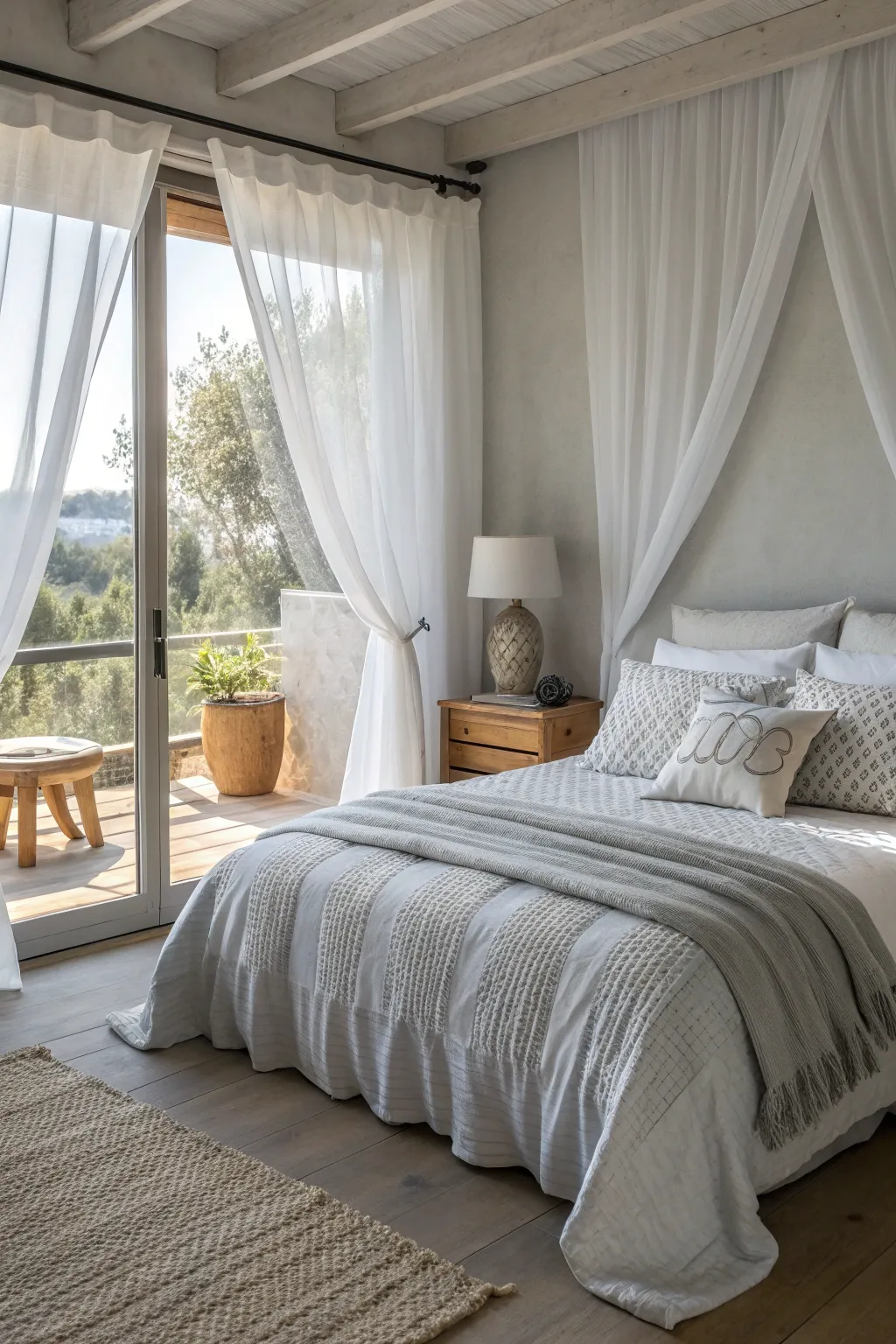 Textured bedding in light gray adds sophistication and warmth to your bedroom.