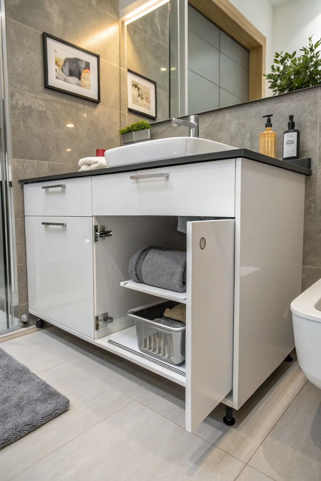 Sliding doors provide a practical solution for neat litter box storage.
