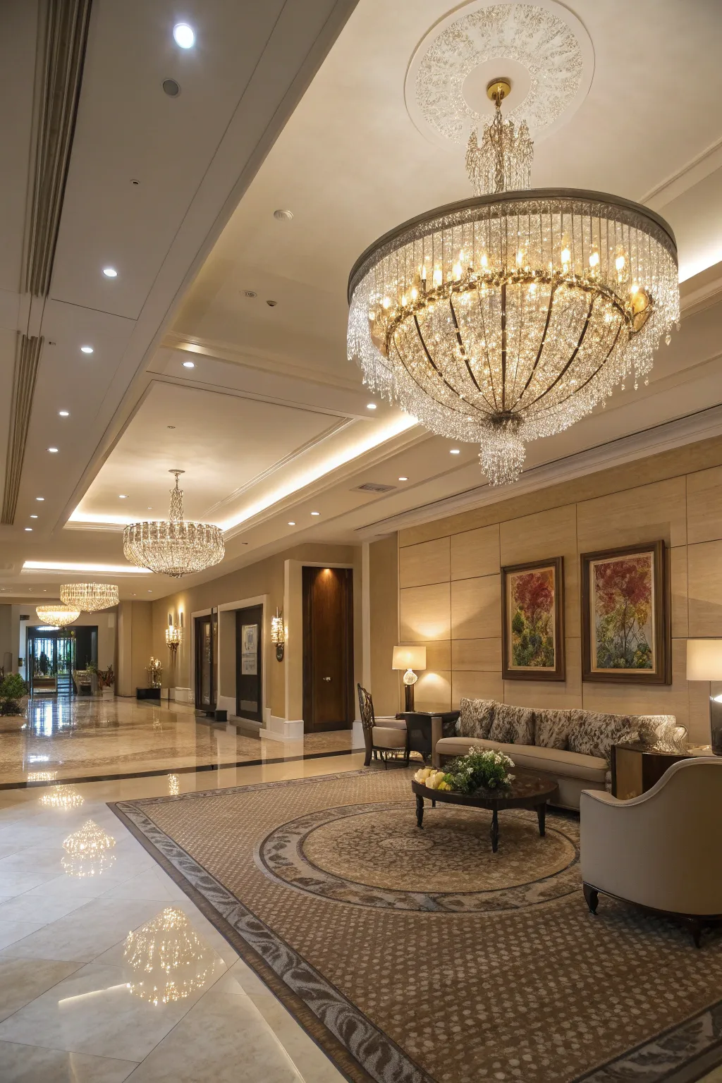 A beautifully lit lobby showcasing a grand chandelier.