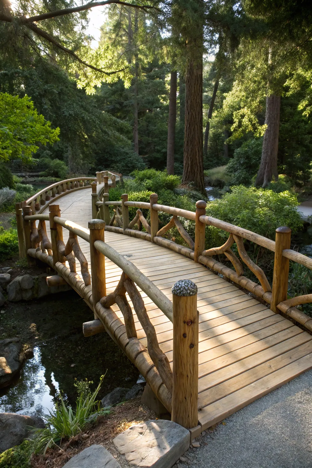 Discover the elegance of a curved log bridge, where craftsmanship meets nature.