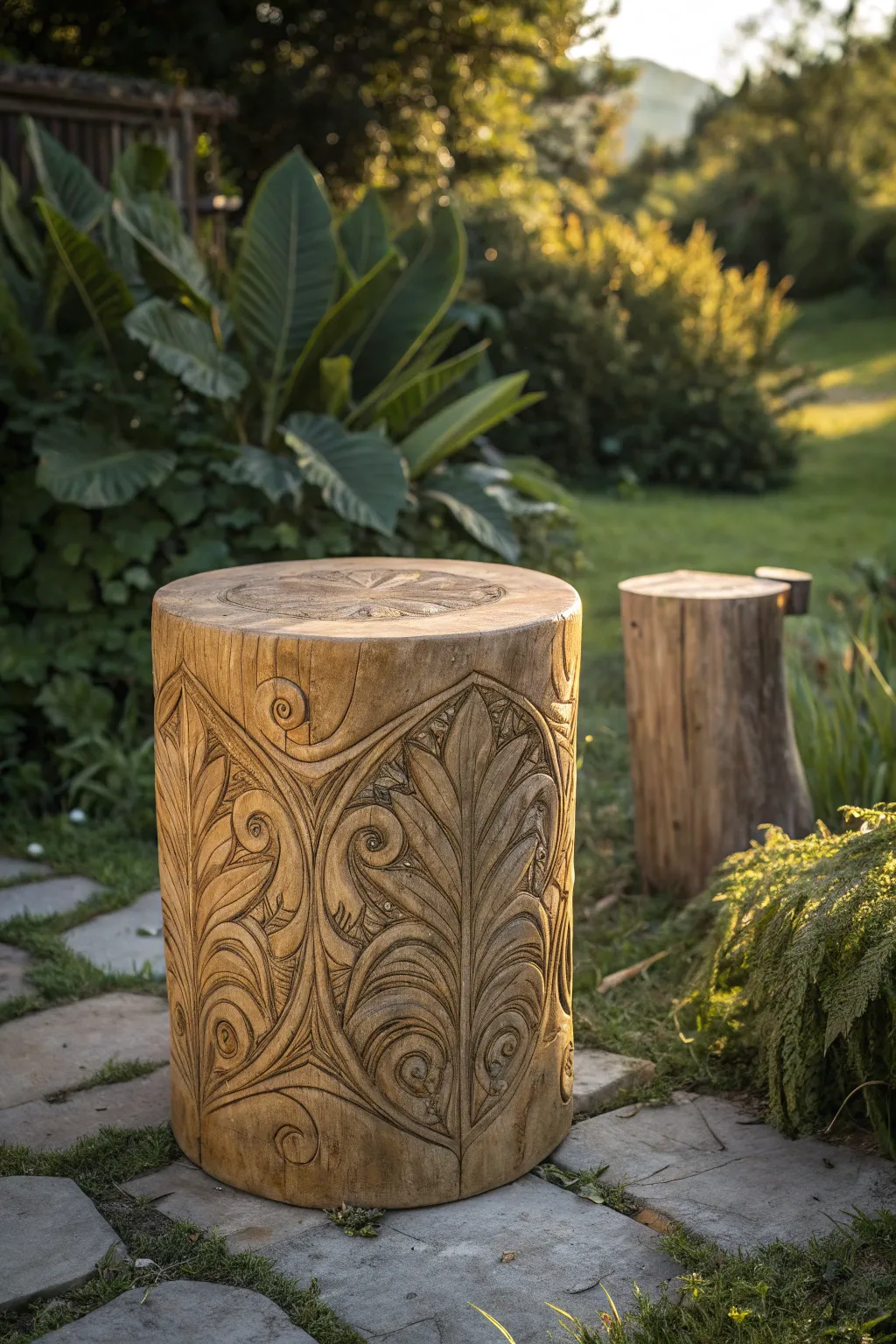 Elevate your space with the rustic charm of a meticulously carved log stool.