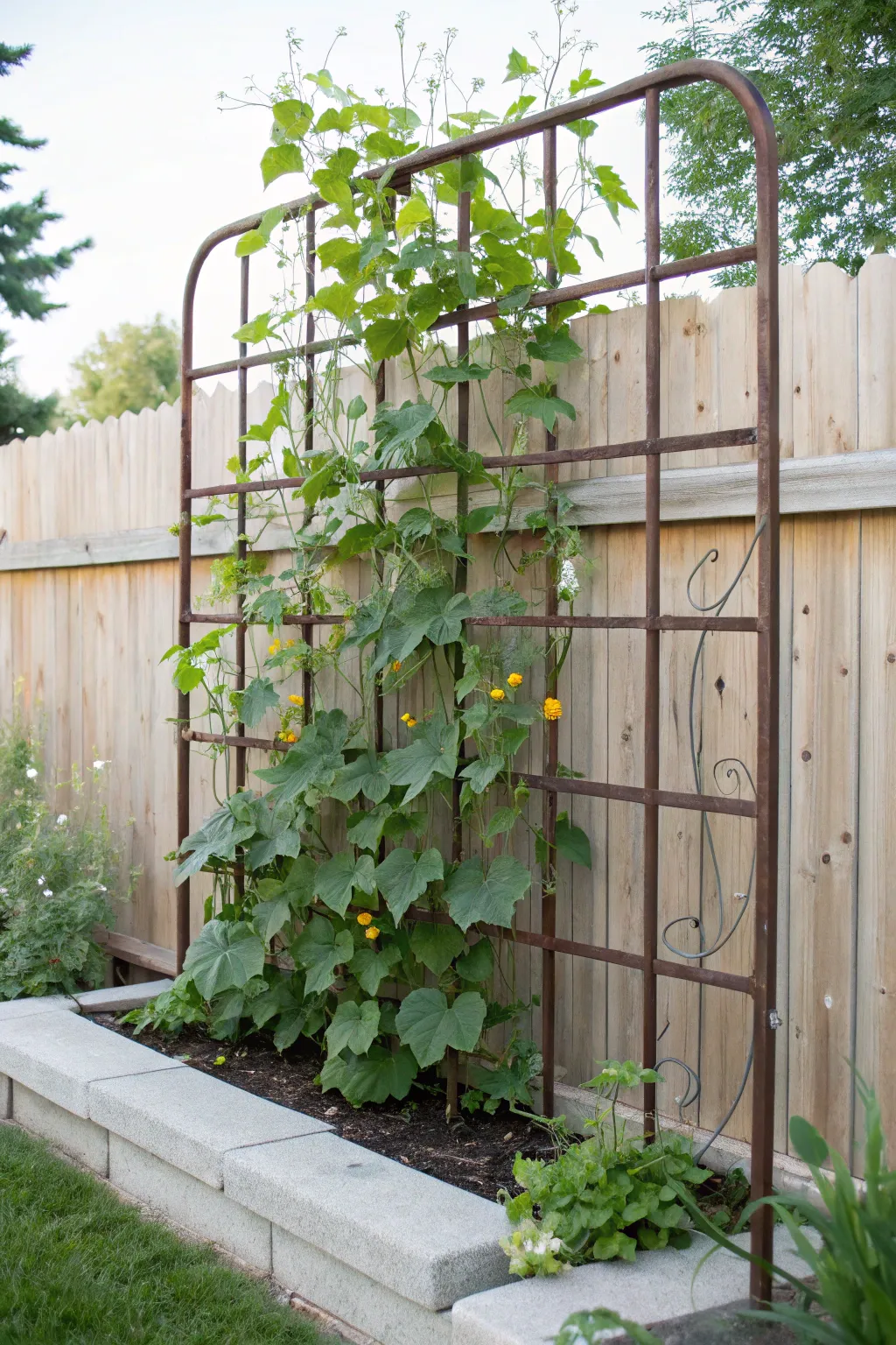 Transforming old treasures into new wonders: A repurposed metal bed frame makes the perfect trellis for flourishing loofah vines, blending minimalist design with boho charm.