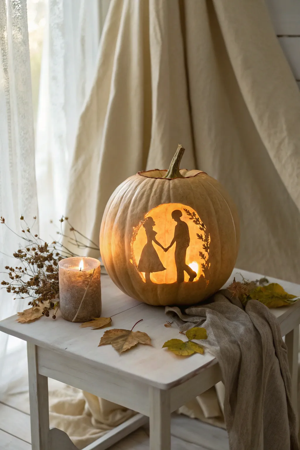 Celebrate togetherness with a charming couple's silhouette pumpkin carving that warms the heart and home.