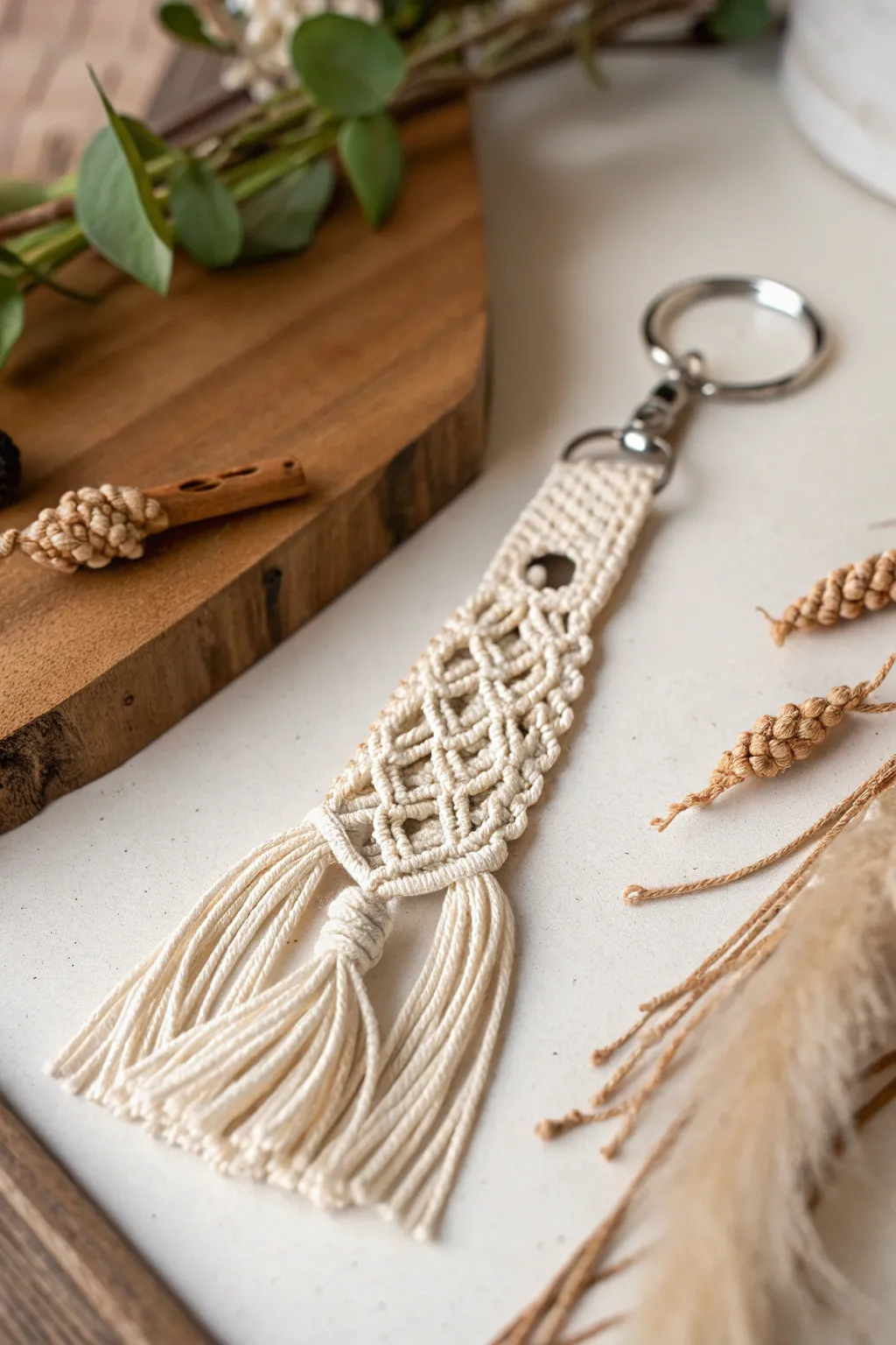 Delight in the art of simplicity with this charming macrame keychain, a perfect blend of boho elegance and minimalist beauty.