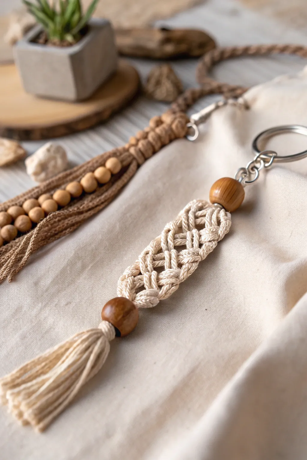 Elevate your style with this beaded boho macrame keychain, where simplicity meets natural elegance.