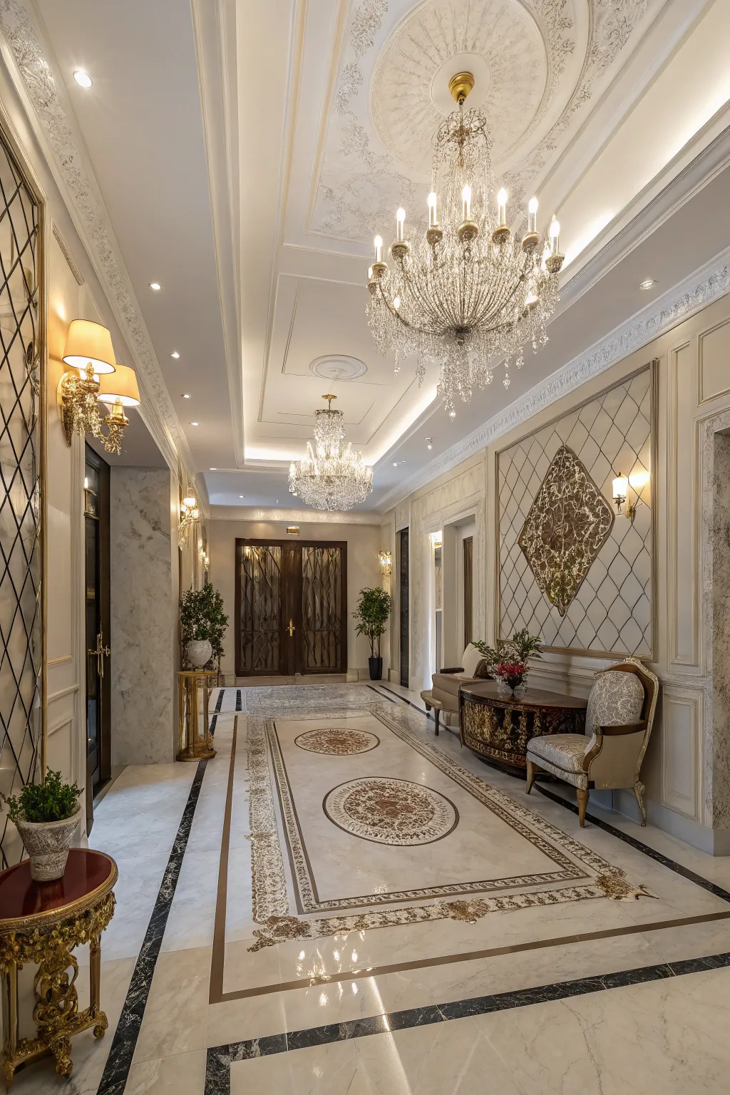 Grand entrance hall with classic marble flooring.