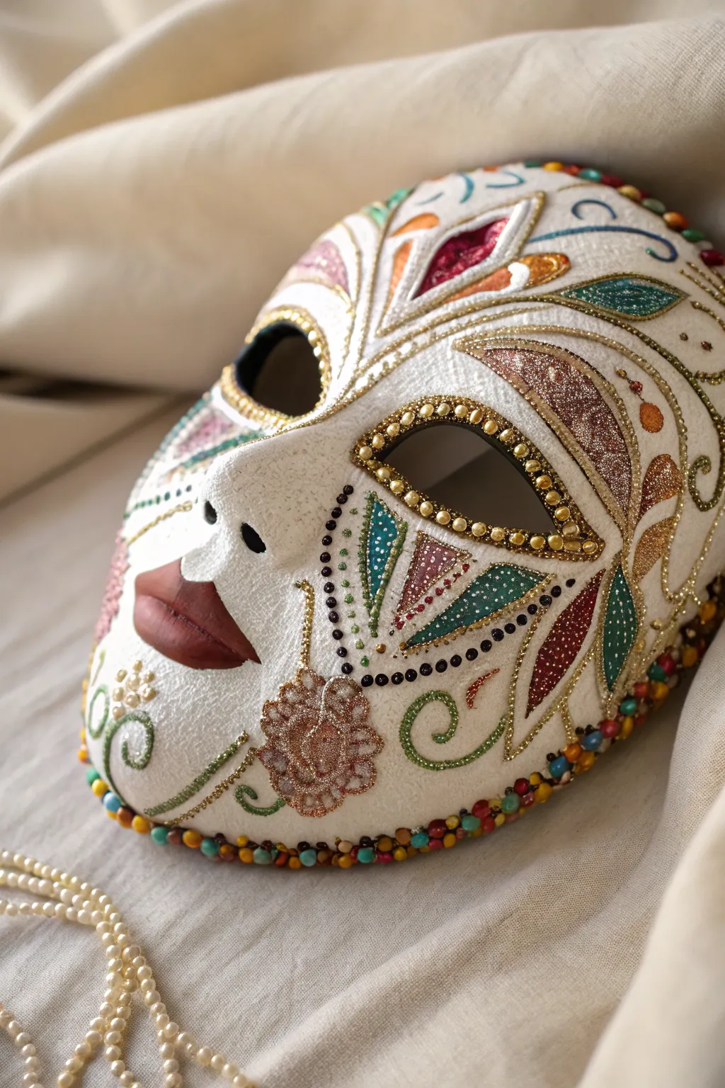Transform a simple mask into a boho-chic masterpiece with vibrant beads and sequins.