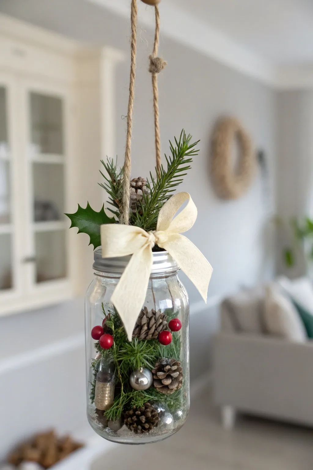 Embrace the rustic elegance of the season with this charming mason jar ornament.