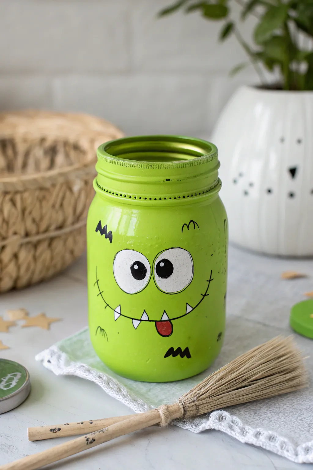 Brighten up your Halloween with this charming monster jar—where simplicity meets spooky fun!