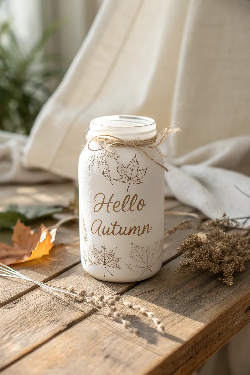 Embrace the season with minimalist elegance: 'Hello Autumn' mason jar sign.