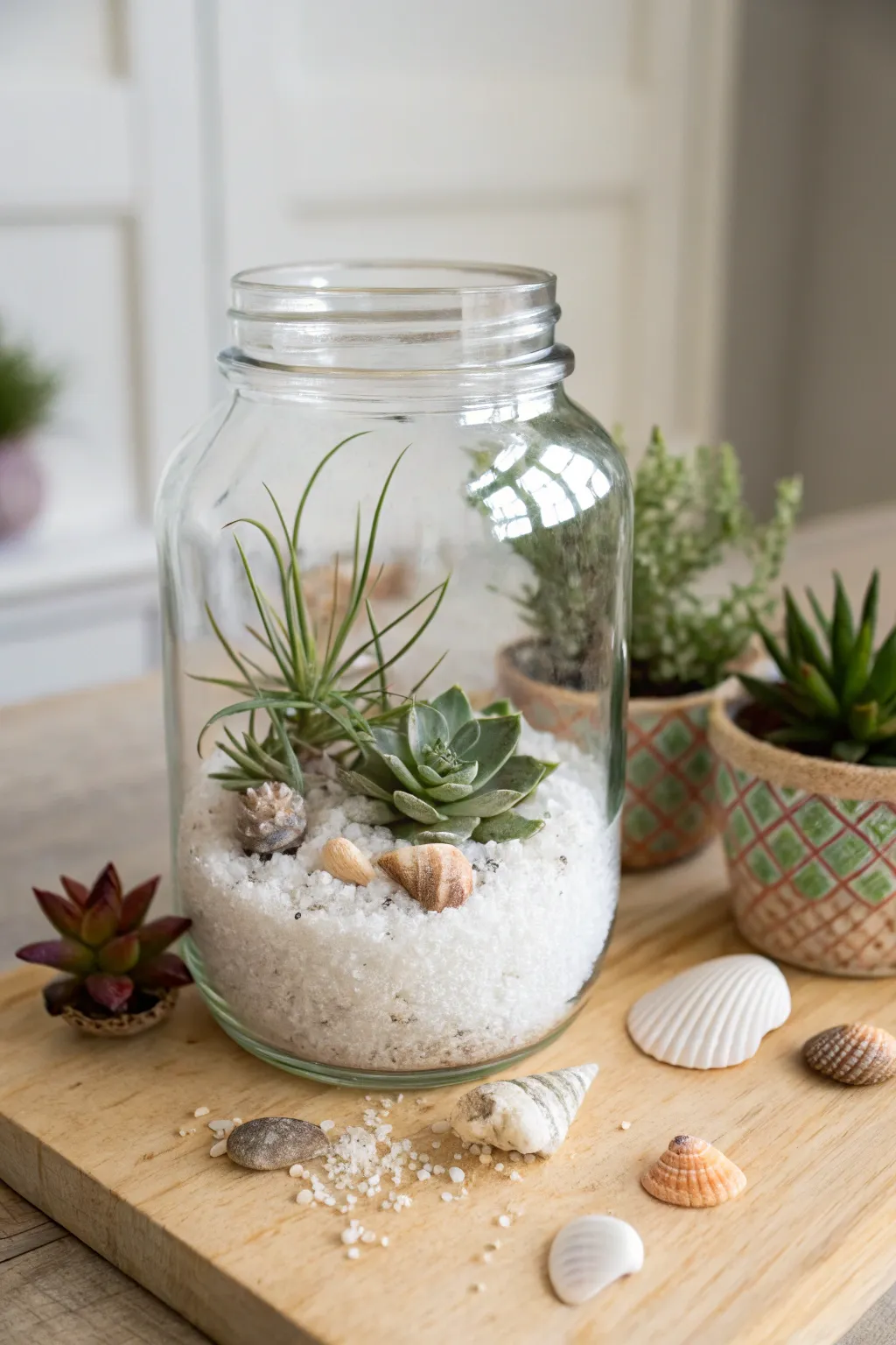 Bring the serene beauty of the beach into your home with this charming mason jar terrarium.