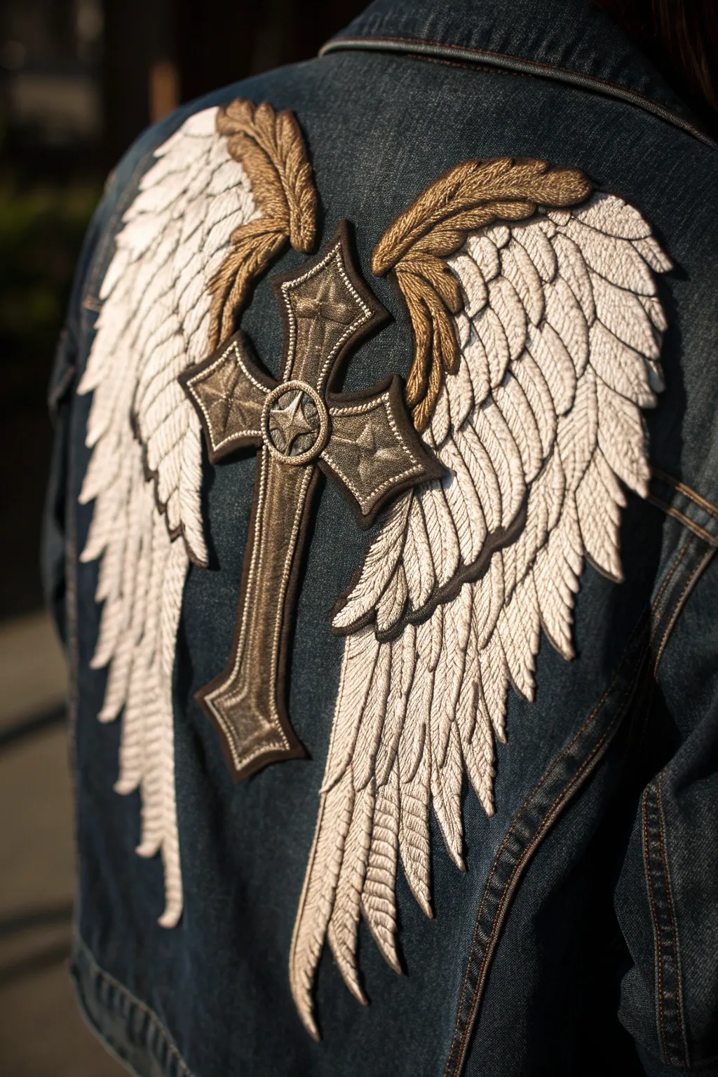 Elevate your style with a touch of the divine: handcrafted wings and cross patch.