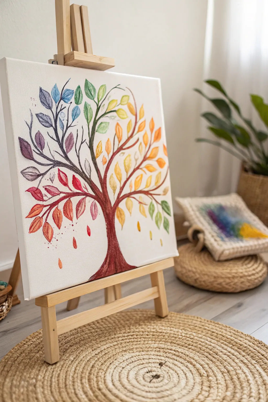 Nature's artistry: A vibrant tree branch design from melted crayons.