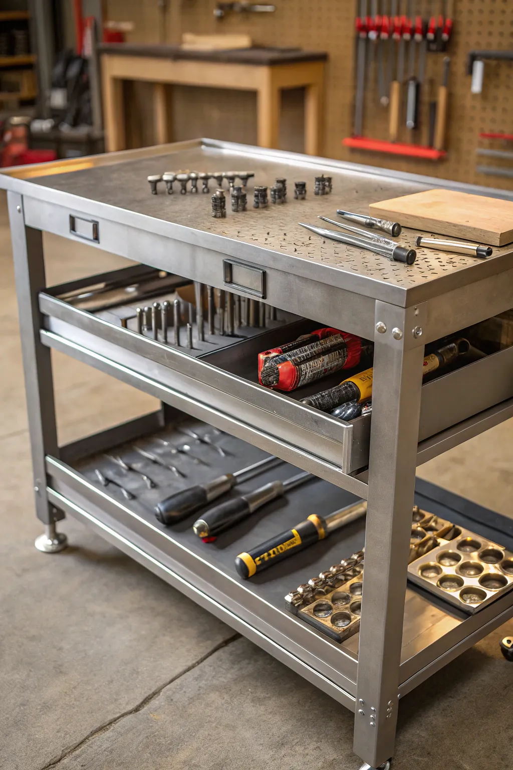 Elevate your workspace with precision-crafted, customizable shelving solutions for effortless organization.