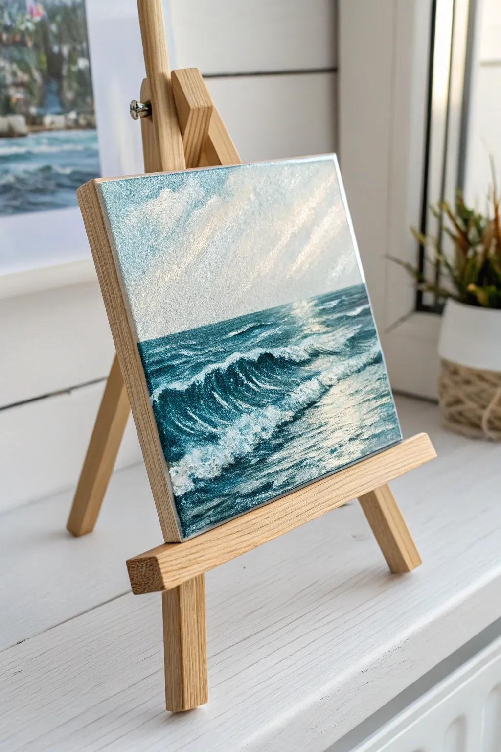 Capture the serene beauty of the ocean with metallic watercolor waves, where sunlight dances upon the water's surface.