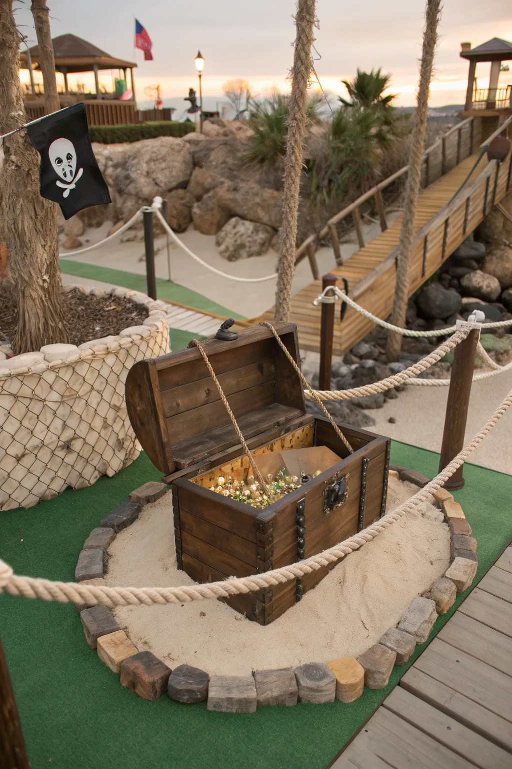Embark on a treasure hunt at this handcrafted pirate-themed mini golf hole. Adventure awaits!