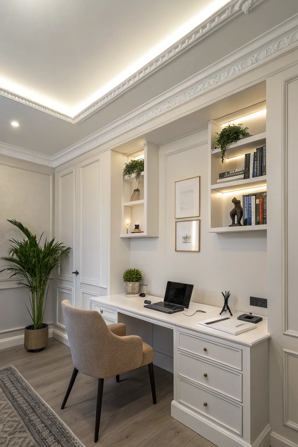 Low-profile crown molding in a minimalist home office.