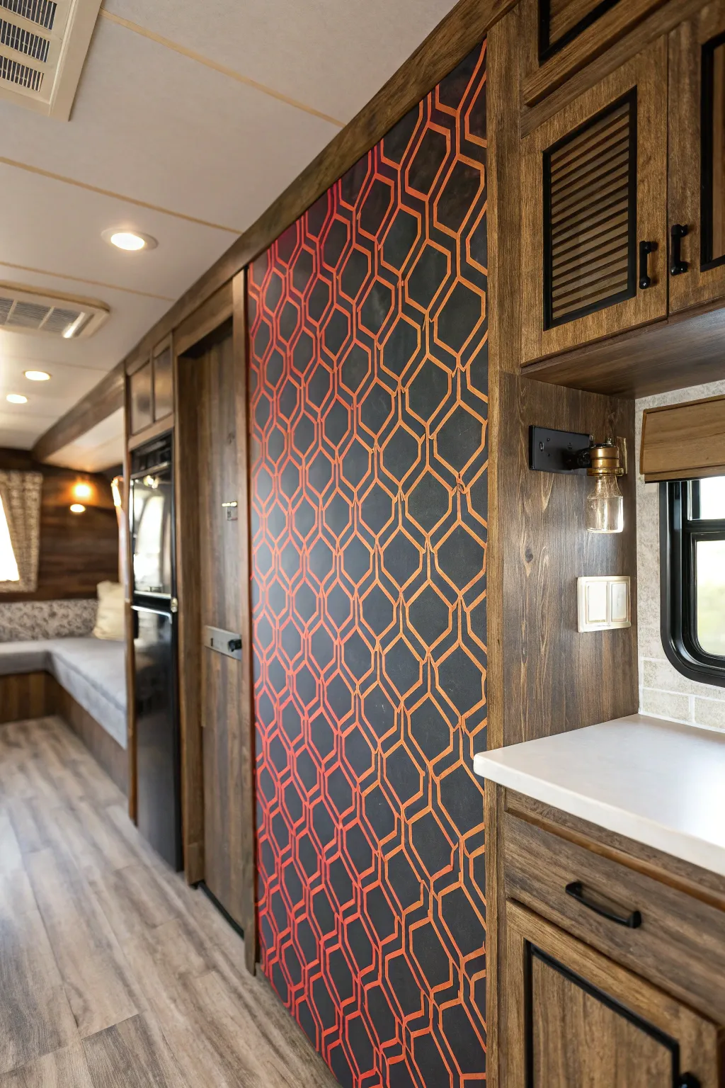 Transform your mobile home with a bold feature wall that speaks volumes of style and creativity.