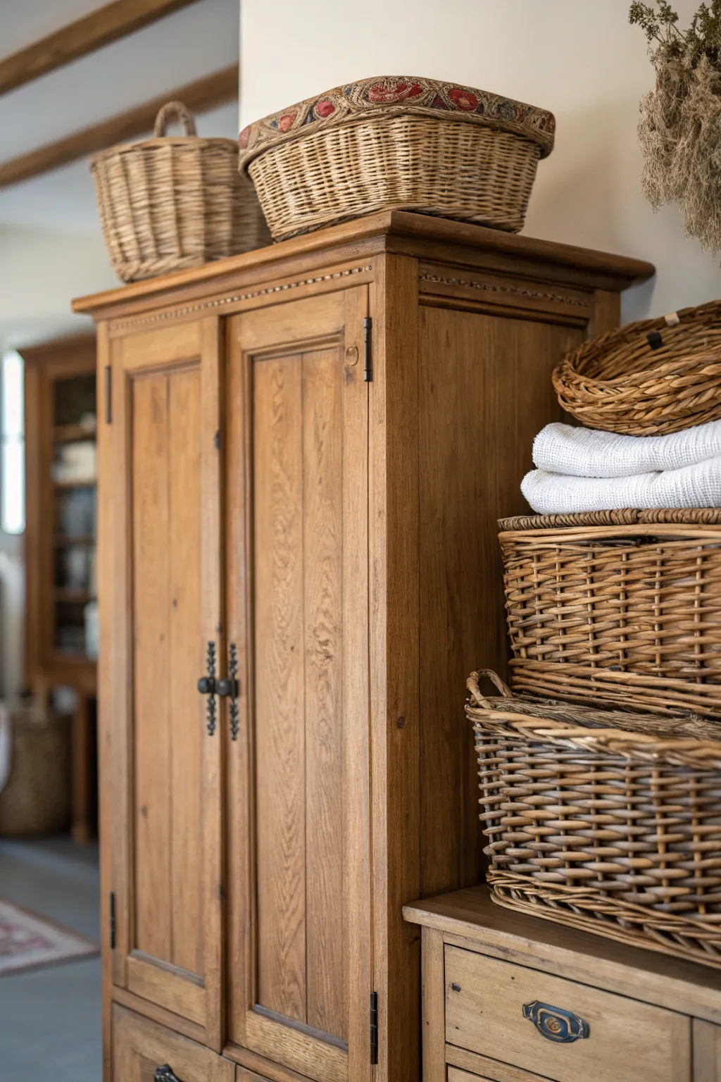 Woven baskets adding texture and warmth to an armoire.