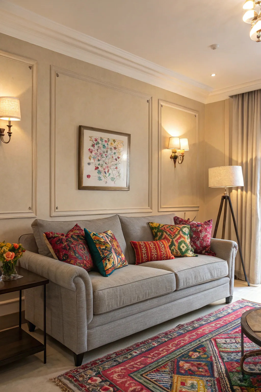 Neutral foundations create a timeless backdrop for colorful accents.