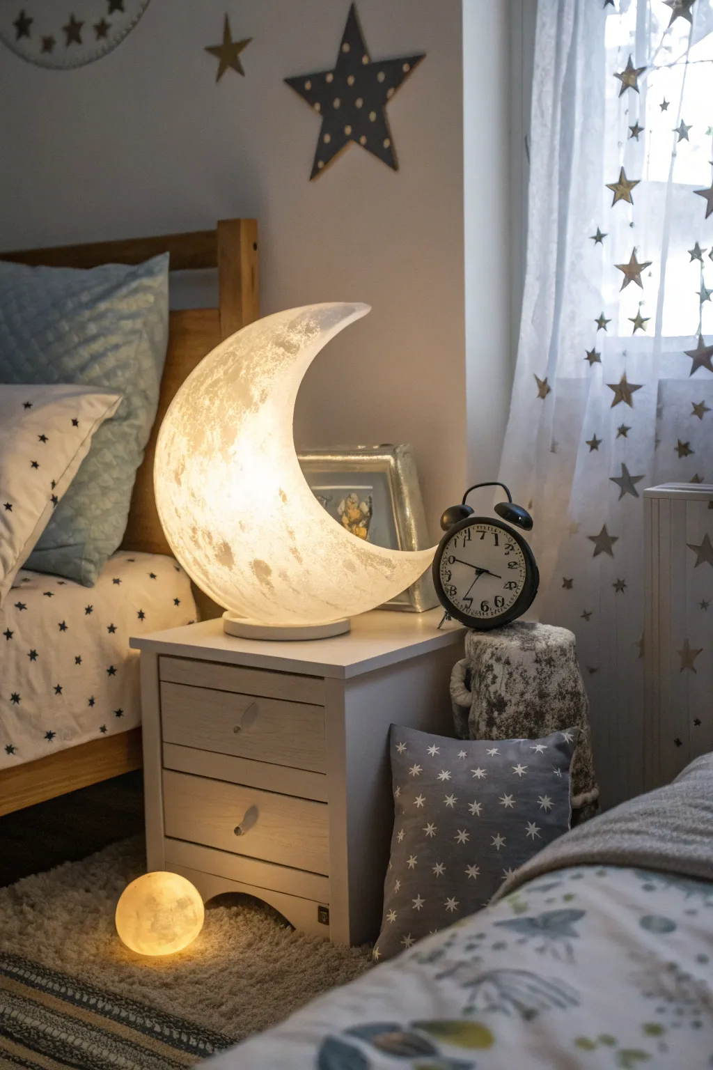 Crescent moon lighting adds a touch of magic to any bedroom.