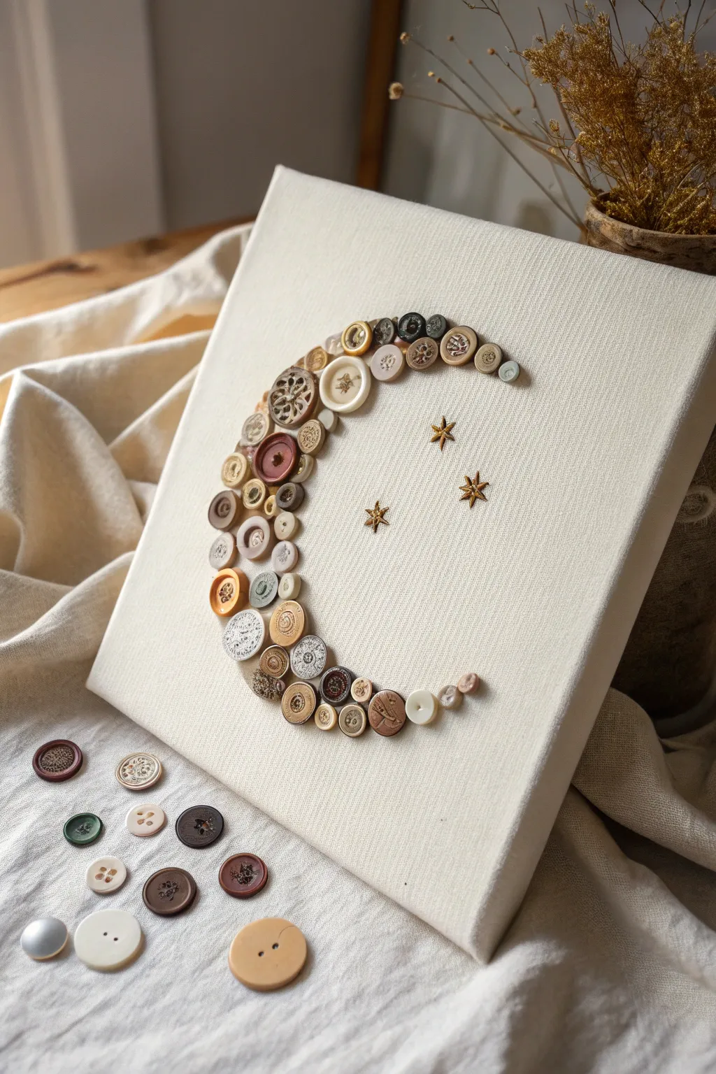 Upcycle with style: Craft a whimsical button moon for a touch of quirky elegance in your space.