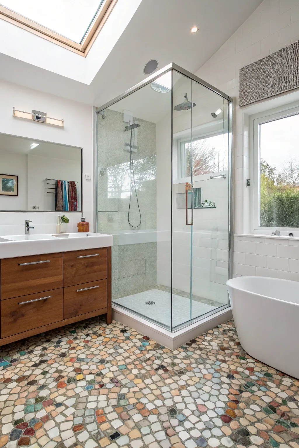 A glass shower highlights the intricate mosaic tile patterns on the floor.