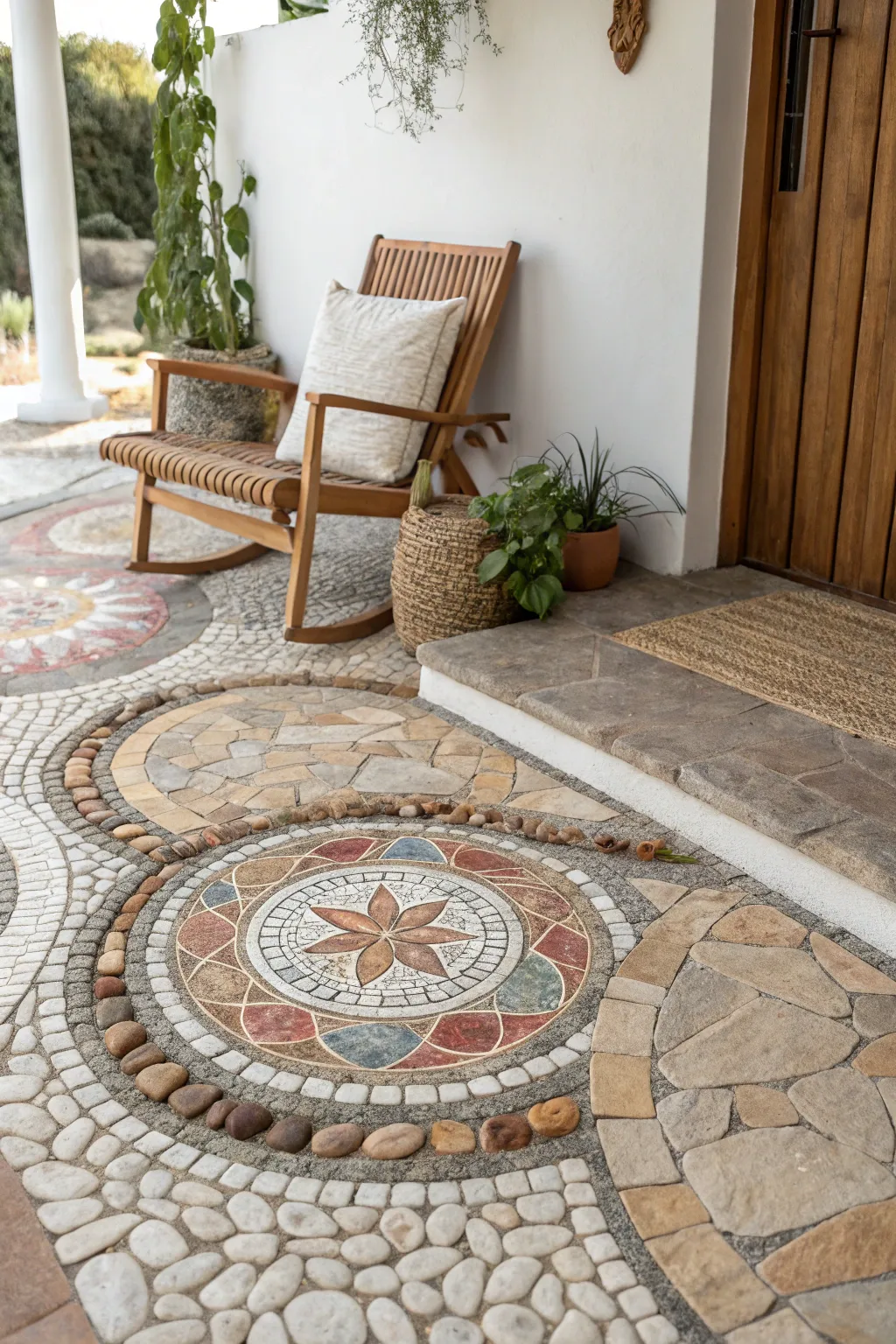 Step into serenity with stunning mosaic rock flooring, where art meets nature.