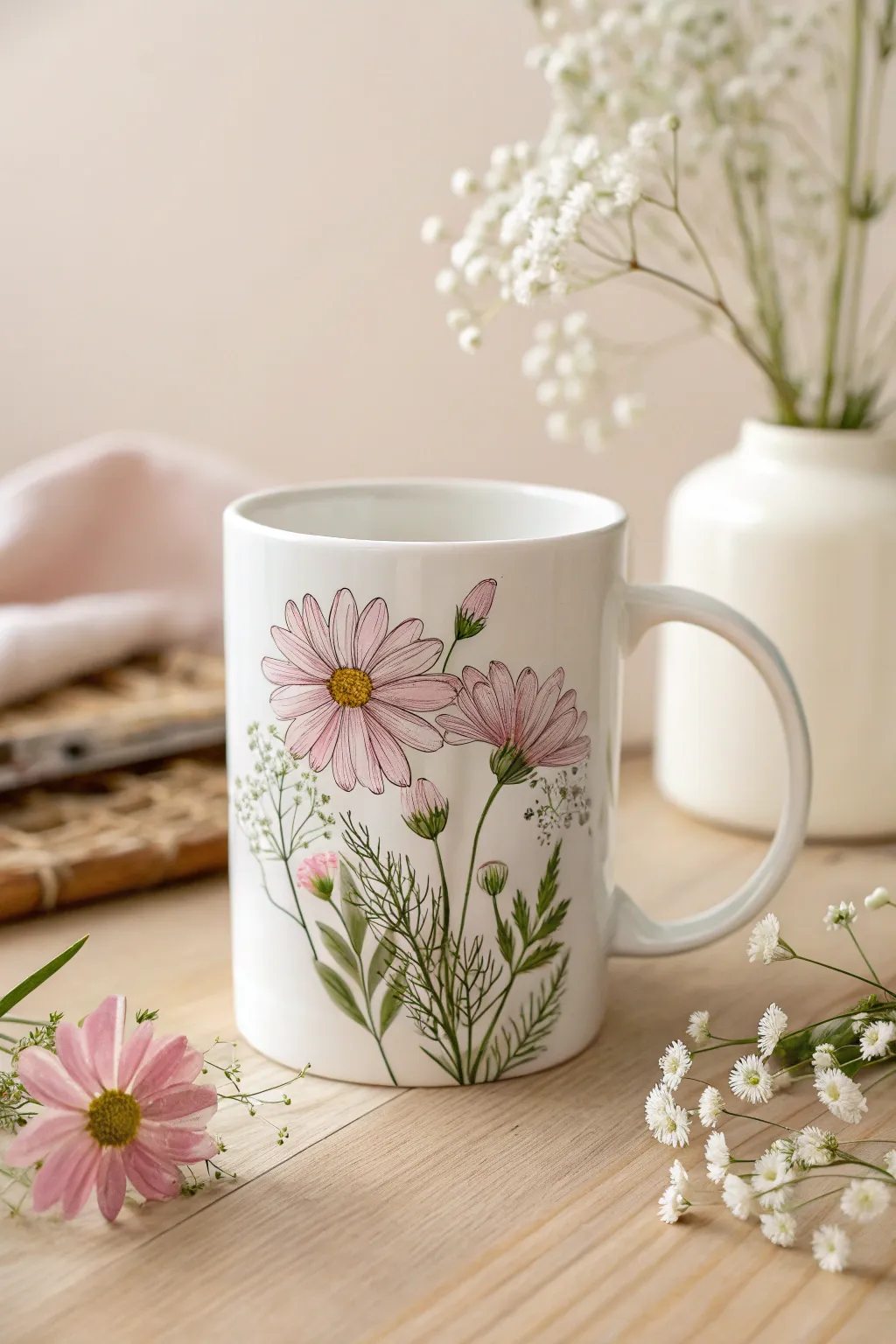 Embrace simplicity with a minimalist floral mug design, perfect for adding a touch of elegance to your morning routine.