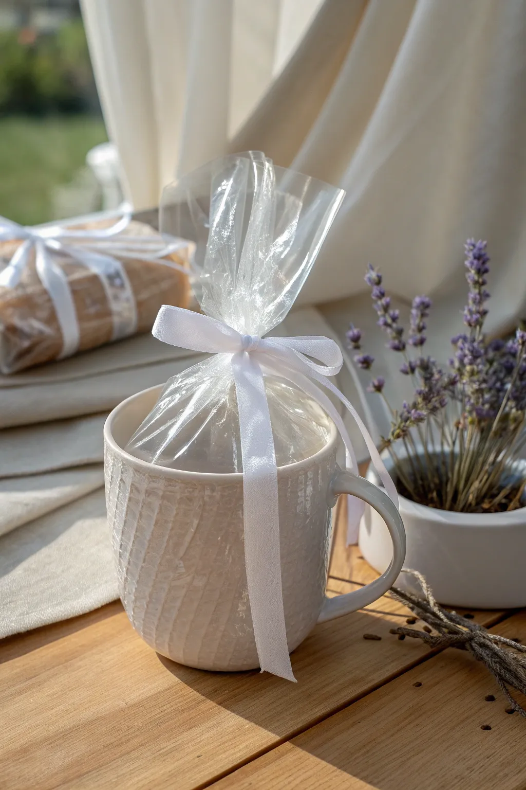 Wrap your cherished mug in glossy cellophane for a modern, minimalist touch that lets its beauty shine.