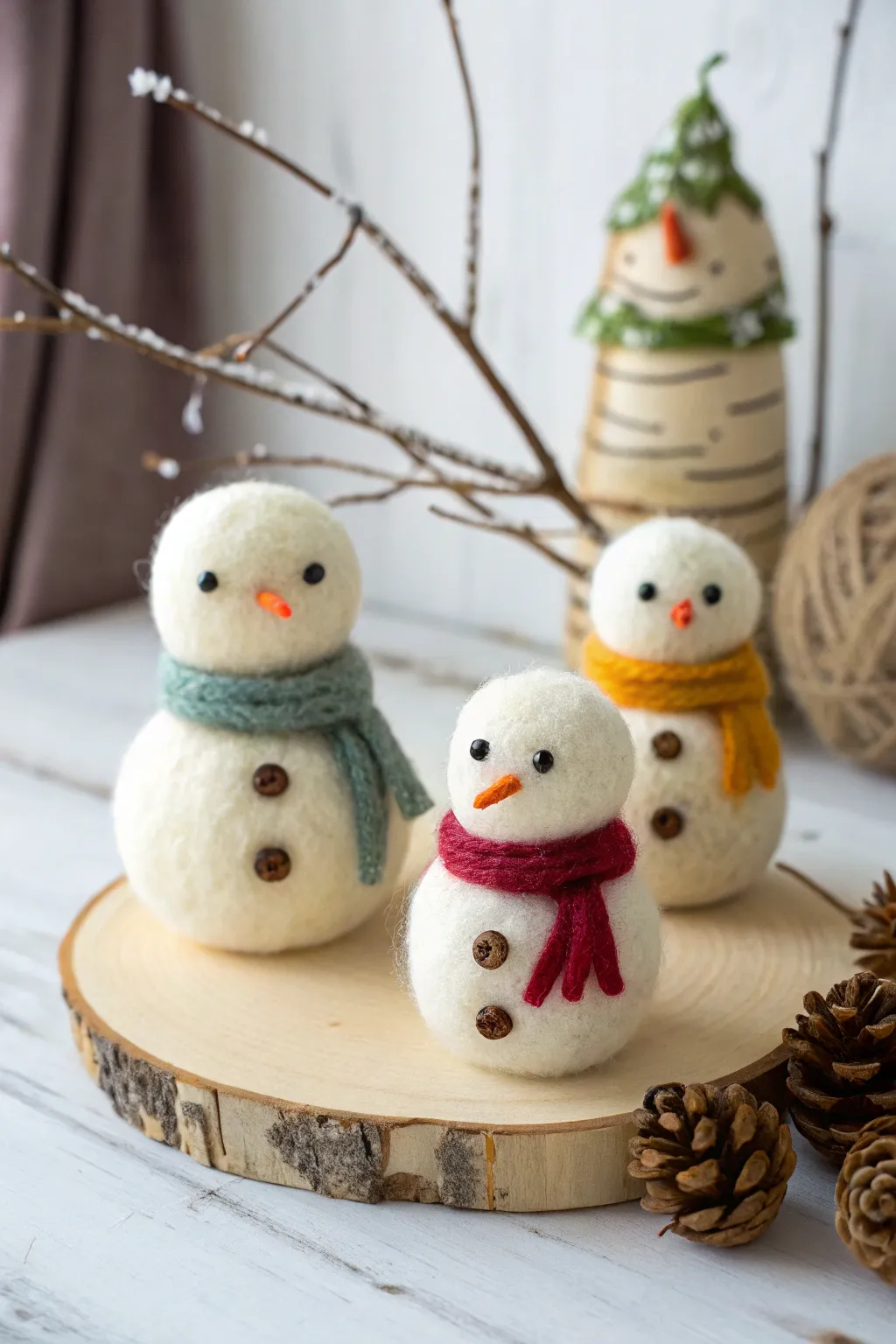 Add a touch of handmade charm to your holiday decor with this adorable needle felted snowman family.