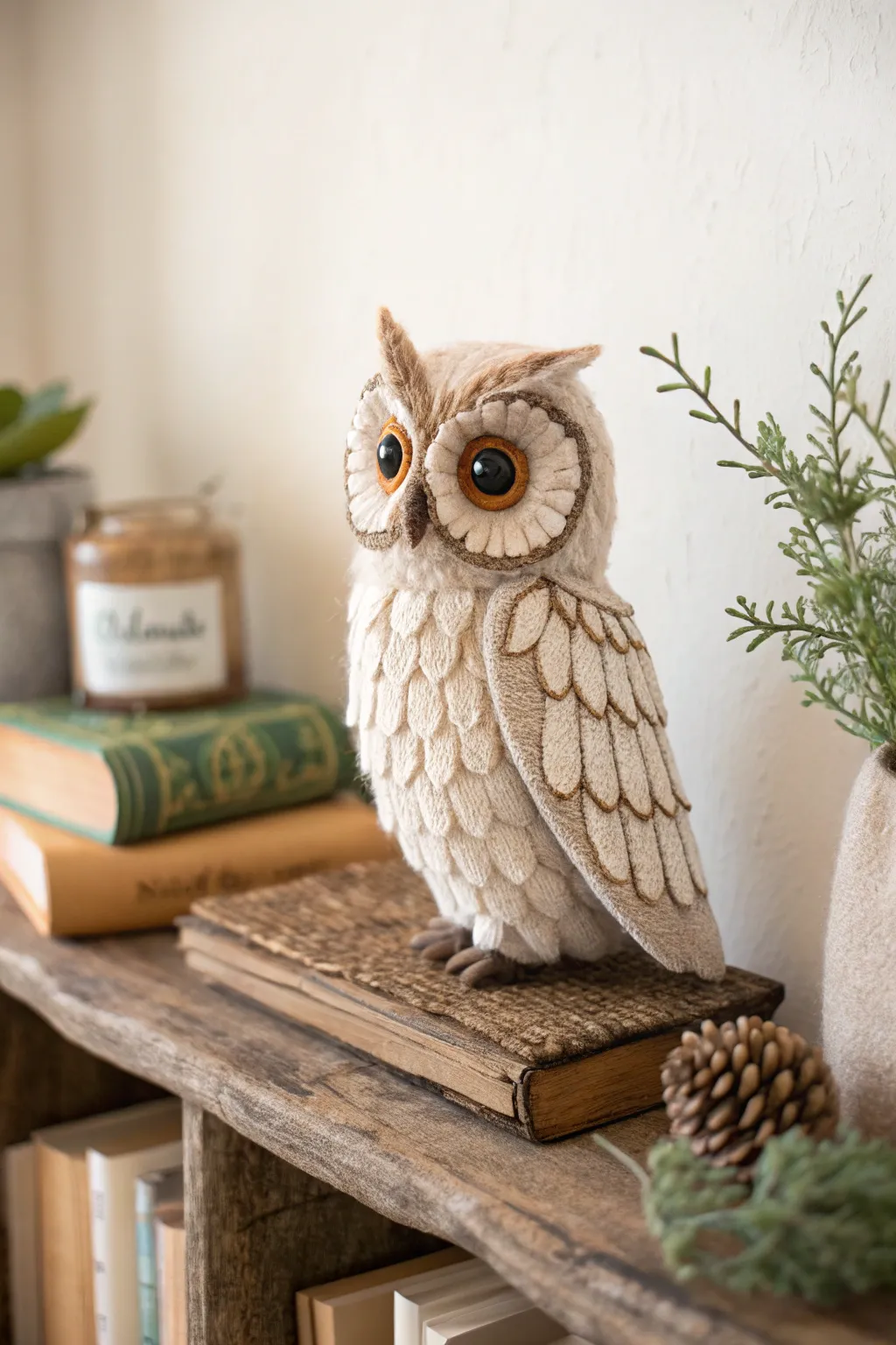 Add a touch of wisdom and charm to your decor with this adorable felted owl.