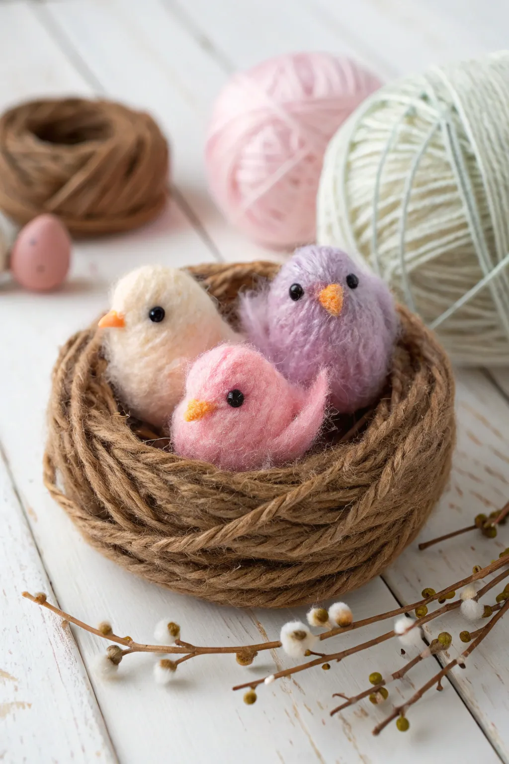 Discover the joy of crafting with charming pom-pom birds and their cozy yarn nest, a perfect blend of simplicity and natural beauty.