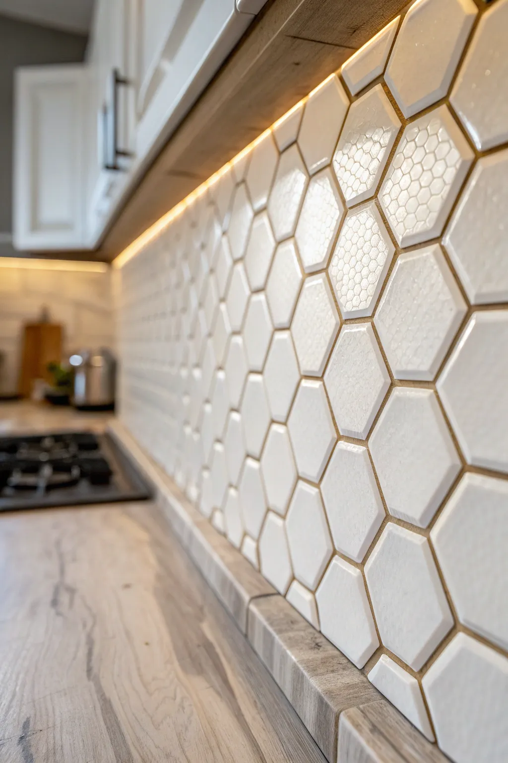 Embrace sleek sophistication with hexagonal highlights in your kitchen.