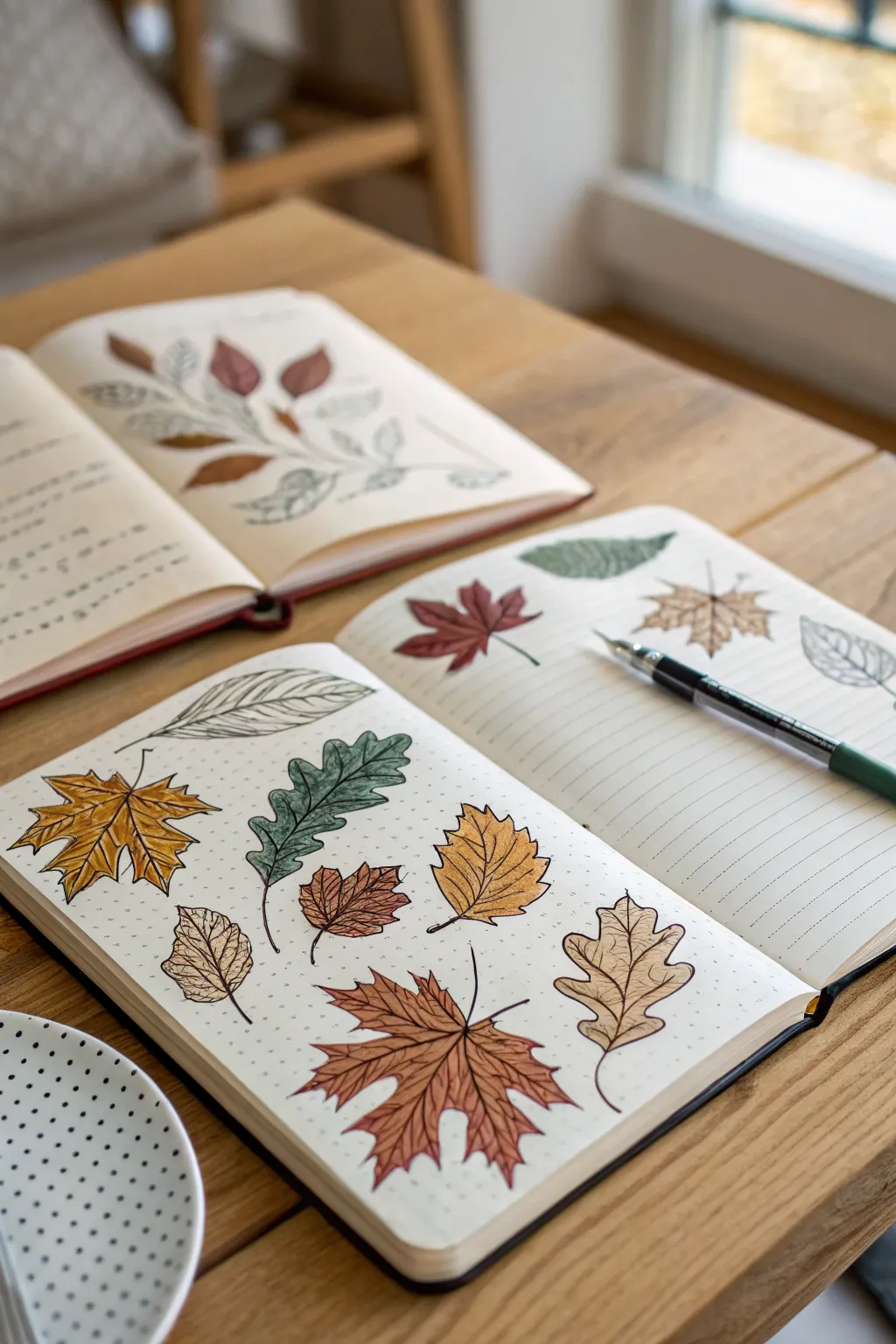 Embrace the beauty of fall with delicate leafy vignettes in your bullet journal. 🍂 #MinimalistBoho #BulletJournalIdeas