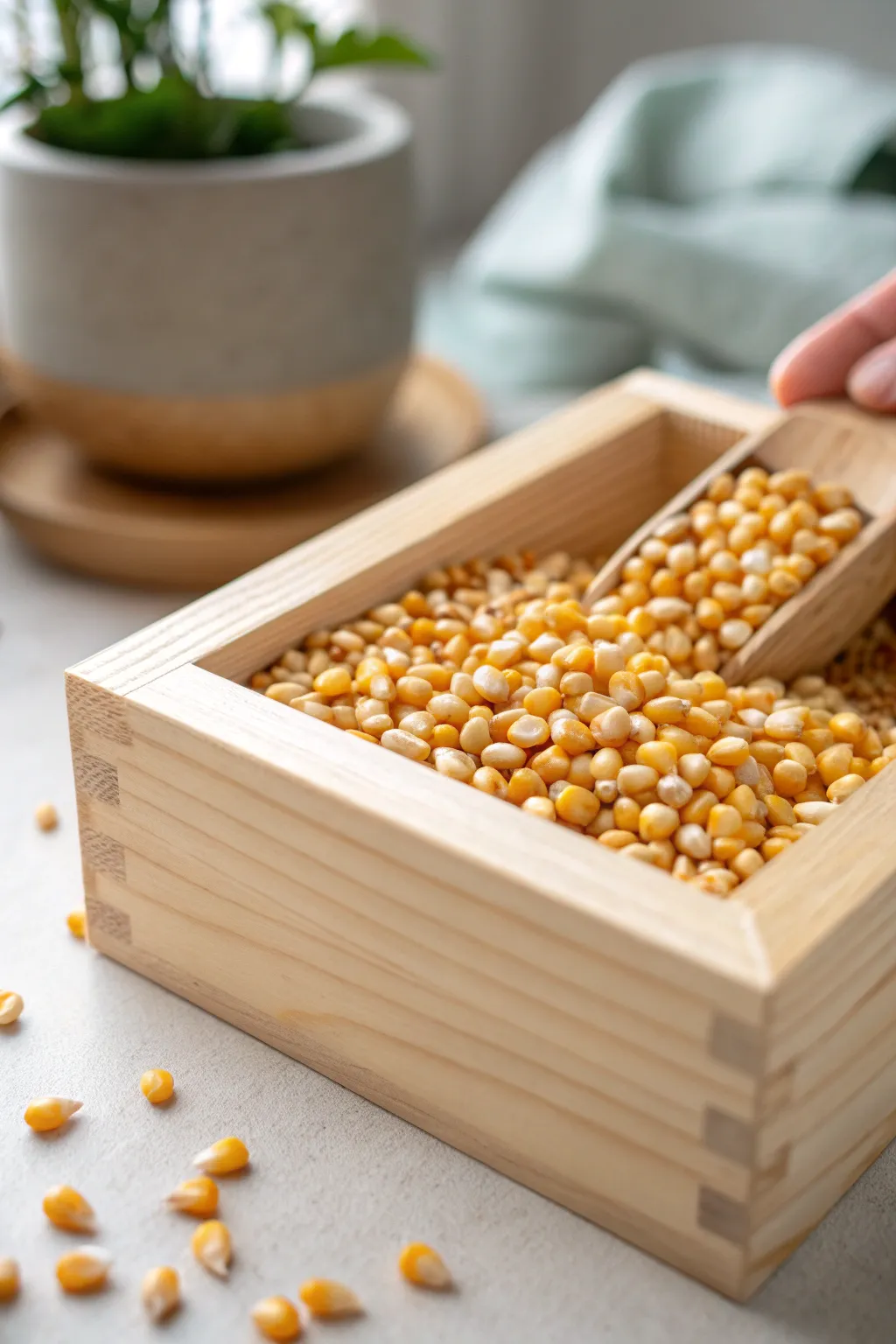 Embrace the warmth of autumn with a sensory bin filled with golden corn kernels. Perfect for little hands and serene spaces.