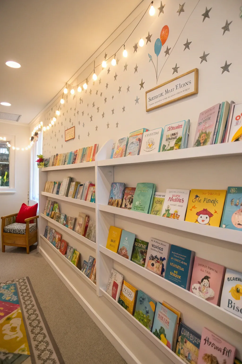 Front-facing book displays make storytime inviting and accessible.