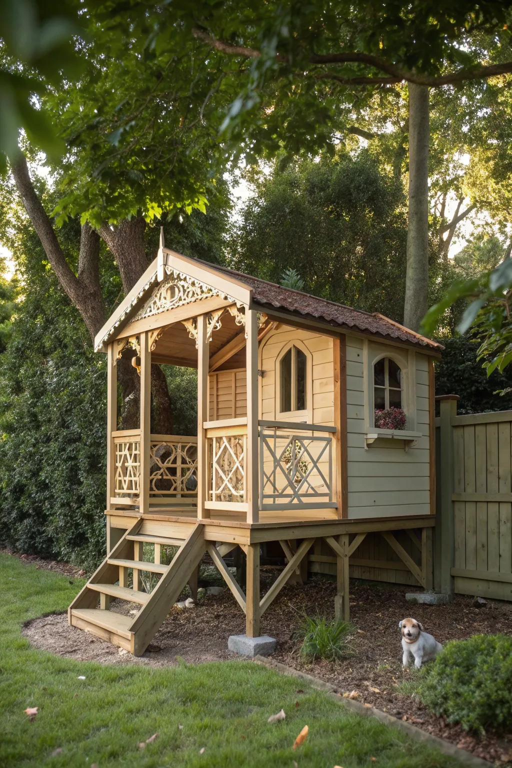 Elevate your pet's comfort with a handcrafted garden shed retreat.