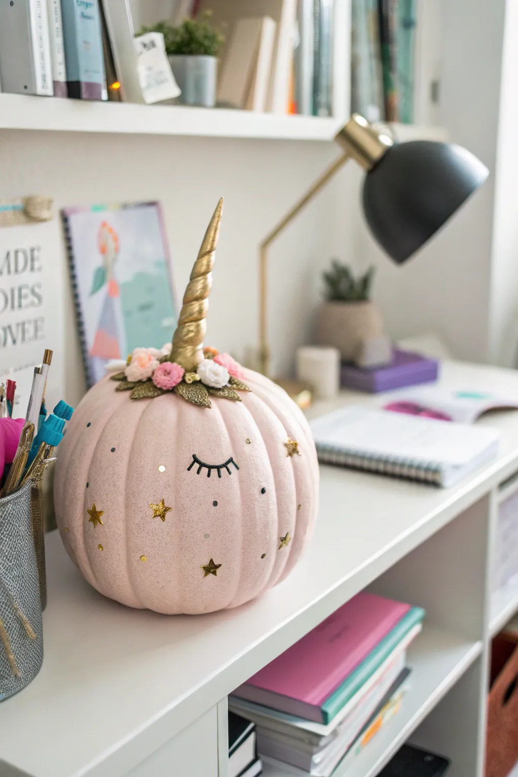 An enchanting unicorn pumpkin, bringing a touch of magic to the office.