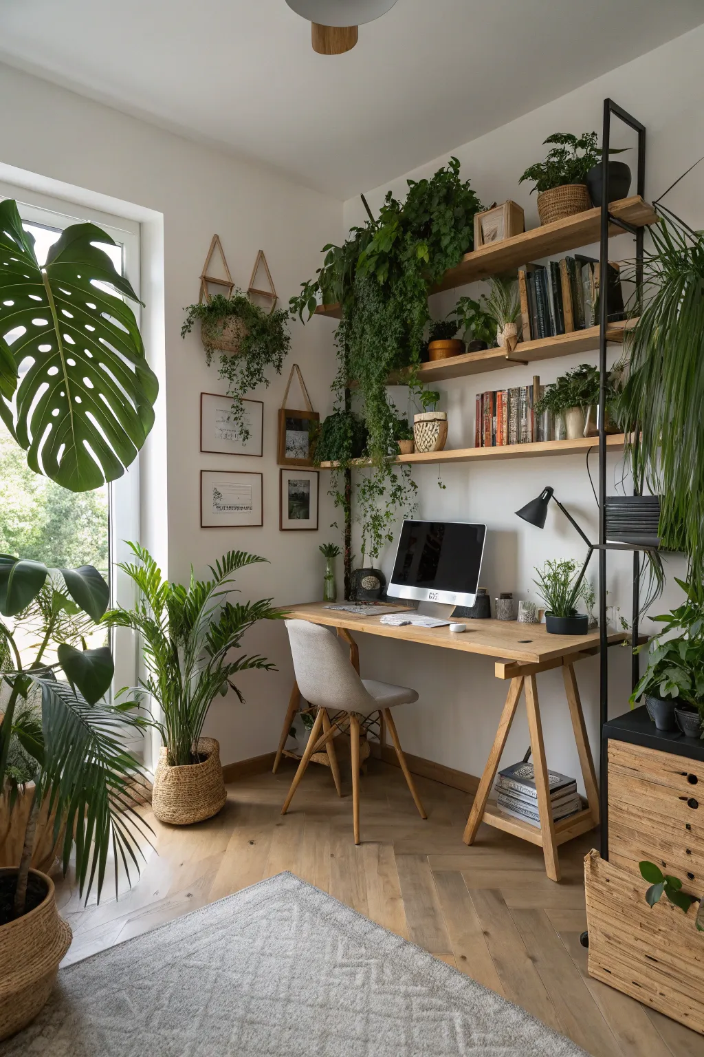A home office with indoor plants and natural wood accents.