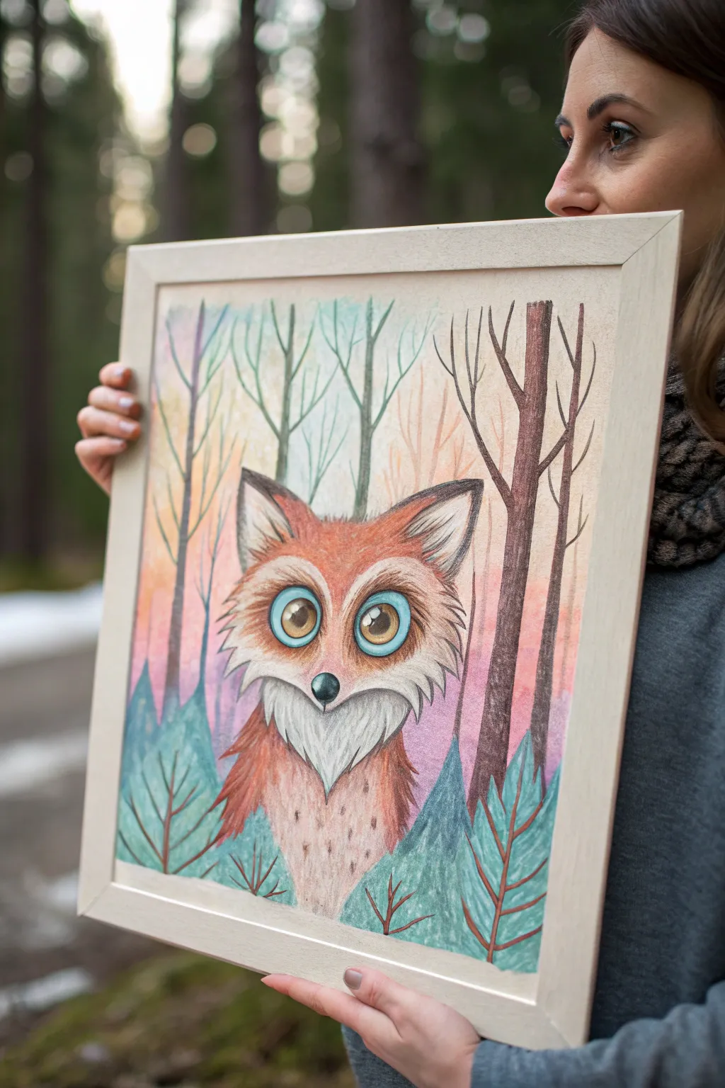 Discover the magic of whimsical forest creatures with this enchanting oil pastel drawing, perfect for adding a touch of wonder to any space.