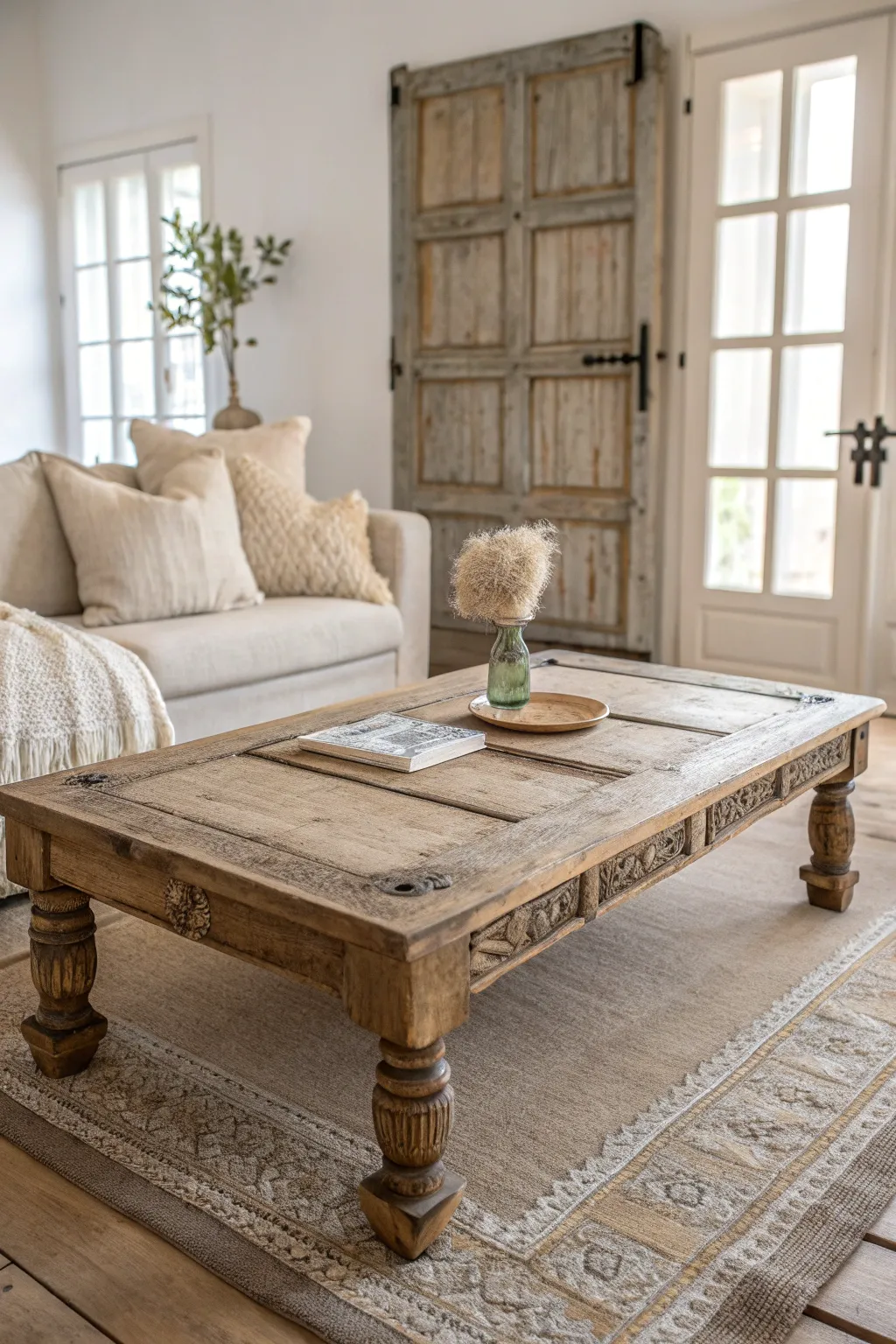 Transform old into gold: Upcycle an antique door into a stunning coffee table centerpiece.