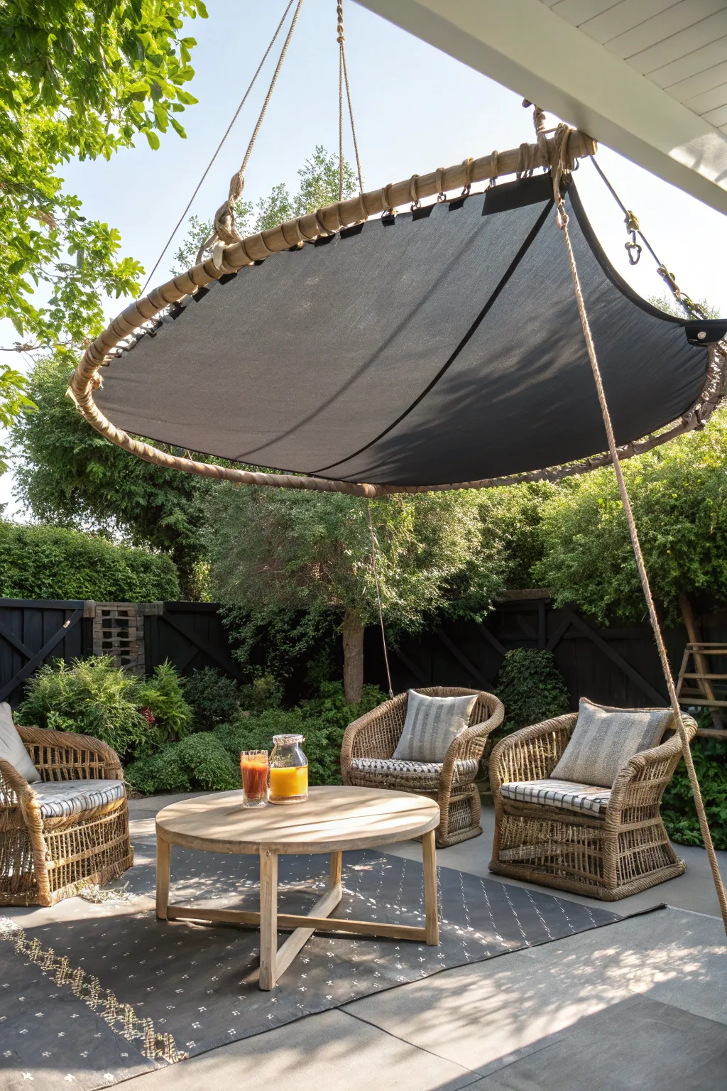 Transform your patio into a cool oasis with an upcycled trampoline mat shade canopy.