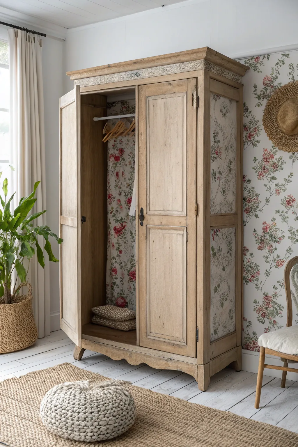 Unlock the beauty within: Transform your wardrobe into a secret garden with floral wallpaper.